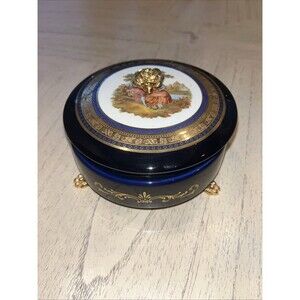 T. Limoges Footed trinket box cobalt blue & gold Fait A La Main France